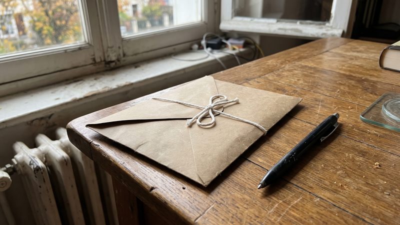 Enveloppe kraft fermée par une ficelle blanche, posée sur une table en bois près d'une fenêtre